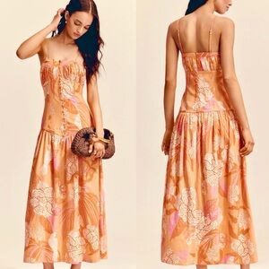 Farm Rio x Anthropologie Linen Blend Strapless Drop Waist Maxi Dress Orange L